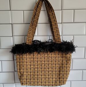 Medium Size Fabric Tote Bag with Black Fringed Trim 